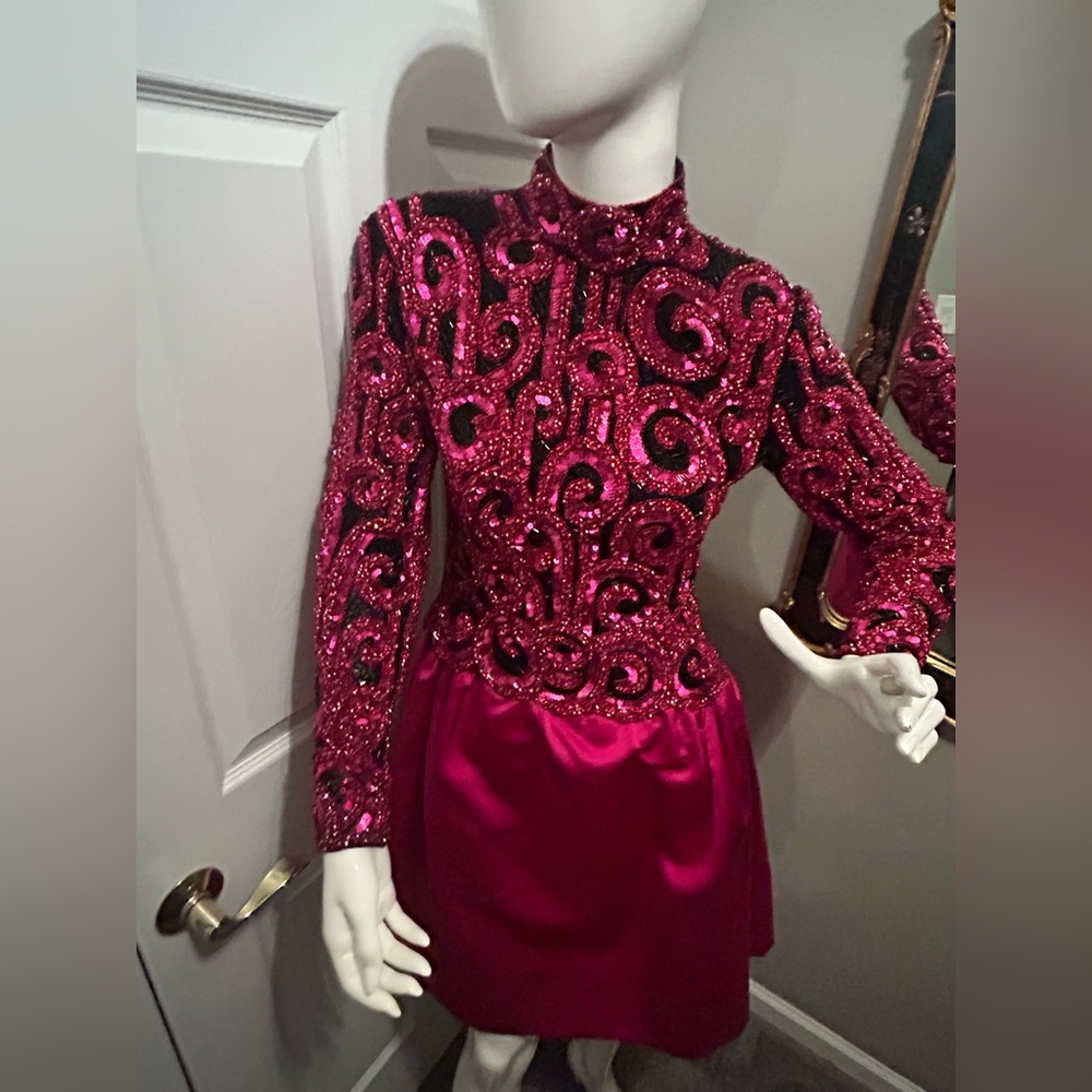 Bob Mackie Fuchsia & Black Bead & Sequin Embellished Silk Taffeta Dress EUC M
